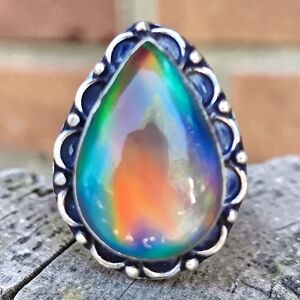 Large Sterling Silver Aurora Opal Ring